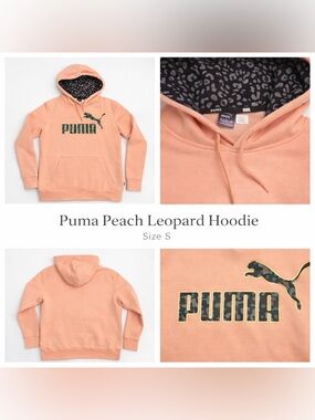 PUMA Peach Hoodie Leopard Logo Graphic Pullover Sweatshirt Womens S